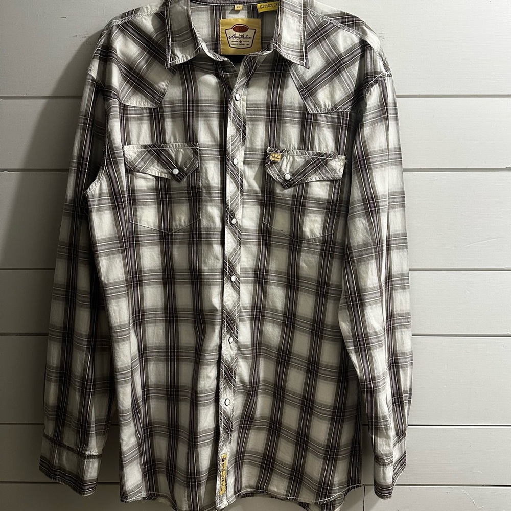 LARRY MAHAN Cowboy Western Shirt Size XL Diamond Pearl Snap Gray White Plaid